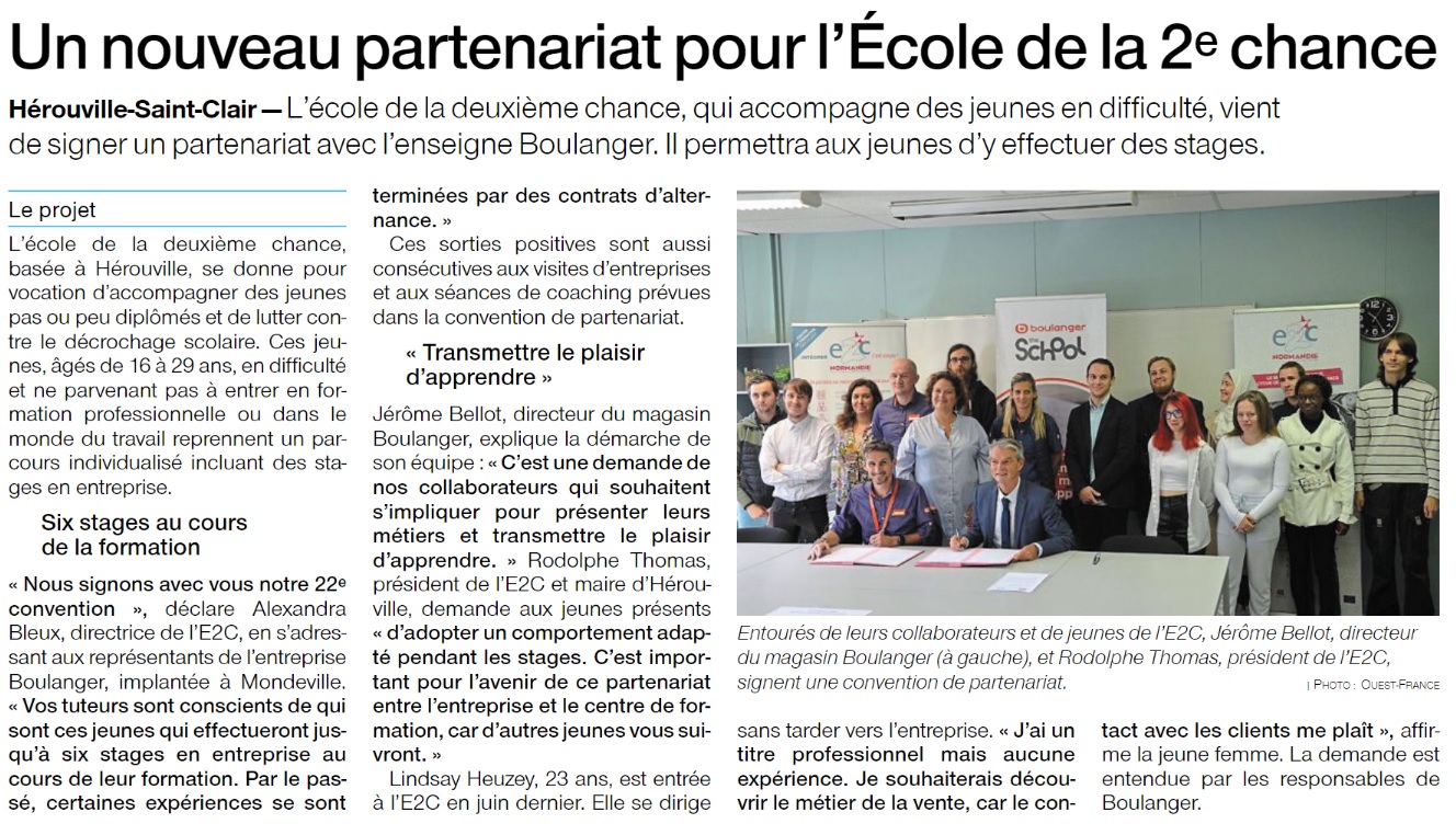 Article OUEST FRANCE du 4 mars 2023 - convention E2C et LEROY MERLIN signature convention de partenariat leroy merlin